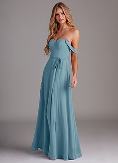 Azazie Aaron Brautjungfernkleider Wandelbar A-Linie Schulterfrei Chiffon Kleid Stimmungsvolles Blau image5
