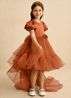Azazie Cocoa Blumenmädchenkleider Ballkleid Plissee Tüll Kleid Gebranntes Orange image8