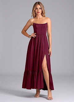 Azazie Leilana Bridesmaid Dresses Mulberry A-Line Corset Stretch Satin Dress image4