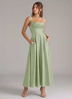 Azazie Shaude Bridesmaid Dresses Dusty Sage A-Line Pleated Stretch Satin Dress image3