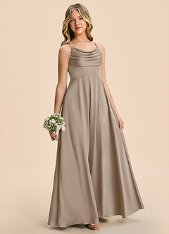Azazie Gia Junior Taupe A-Line Pleated Stretch Satin Dress image1