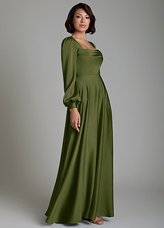 Azazie Solana Robes de demoiselle d'honneur Robe Trapèze en Satin extensible Manches longues Olive Vif image5