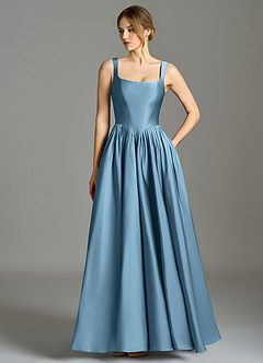 Azazie Verina Bridesmaid Dresses Steel Blue A-Line Pleated Stretch Satin Dress image1
