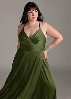 Azazie Davis Robes de demoiselle d'honneur Robe Trapèze en Satin extensible Plissée Olive image11