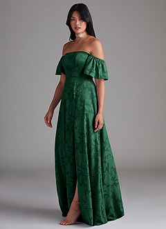 Azazie Sue Bridesmaid Dresses Dark Green A-Line Off the Shoulder Floral Burnout Convertible Dress image4