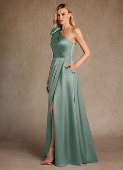 Azazie Easton Mère de la mariée Robes Robe Trapèze en Satin extensible Une épaule Sauge D'argent image2