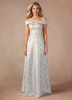 Azazie Maria Mother of the Bride Dresses Dusty Blue A-Line Off the Shoulder Jacquard Dress image1