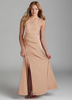 Azazie Maron Junior English Rose A-Line Pleated Stretch Satin Dress image1