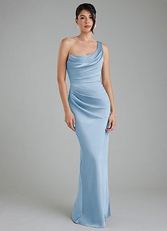 Azazie Sabrina At-home Try On Dresses Dusty Blue Mermaid Corset Stretch Satin Dress image6