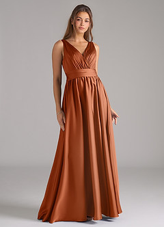Azazie Kora At-home Try On Dresses Dusty Blue A-Line Pleated Stretch Satin Dress image1