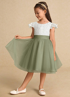 Azazie Vetty vestidos de niña de las flores Vestido de Marfil Pistacho de Tul de Corte En A con Encaje image4