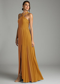 Azazie Afra Abiti da Damigella Abito A-Line in Chiffon Plissettato Caramello image4