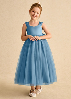 Azazie Chickadee vestidos de niña de las flores Vestido de Azul Acero de Satin Mate de Princesa con Escote de Corazón image5