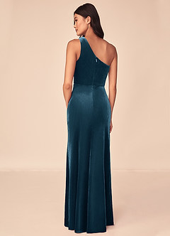 Azazie Argan Vestidos de damas de honor Vestido de Topacio Azul de terciopelo de Corte en A con Plisado con un hombro image5