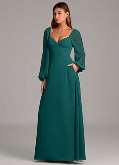 Azazie Annistyn Bridesmaid Dresses Peacock A-Line Long Sleeve Chiffon Dress image1