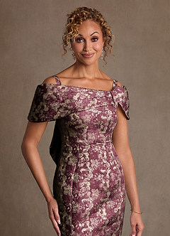 Azazie Zion Mother of the Bride Dresses Cabernet Sheath Off the Shoulder Floral Jacquard Dress image5