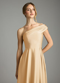 Azazie Melanie Vestidos de damas de honor Vestido de Oro de Satén Elástico de Corte en A con Vestidos sin tirantes image6