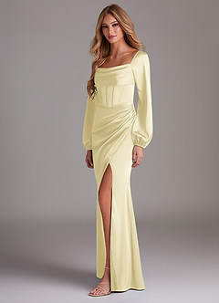 Azazie Charissa Bridesmaid Dresses Lemon Sorbet Sheath Long Sleeve Stretch Satin Dress image5