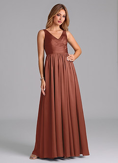 Azazie Keyla Bridesmaid Dresses Auburn A-Line Pleated Stretch Satin Dress image5