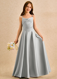 Azazie Coconut Girls Formal Robe Demoiselle D'honneur Fillette Robe Trapèze en Satin extensible Plissée Argent image3