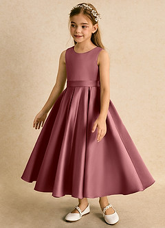Azazie Junebuj Flower Girl Dresses Amethyst Ball-Gown Pleated Matte Satin Dress image3