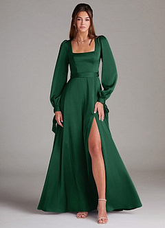 Azazie Leonia Vestidos de damas de honor Vestido de Verde Oscuro de Satén Elástico de Corte en A con Manga larga image1