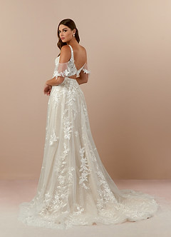 Azazie Ada At-home Try On Dresses Diamond White Nude A-Line V-Neck lace Tulle Dress image4