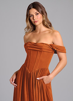 Azazie Hattie Bridesmaid Dresses Burnt Orange A-Line Ruched Velvet Dress image2