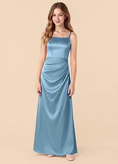 Azazie Renna Junior Vestido de Azul Acero de Satén Elástico de Corte en A con Plisado image5