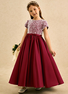 Azazie Cashew Blumenmädchenkleider Ballkleid mit ärmel Matte Satin Kleid Burgunderrot image3