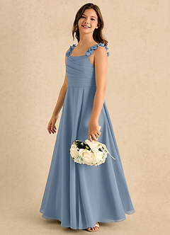 Azazie Masie Girls Formal Jurken voor bloemenmeisjes A-Lijn Jurk van Chiffon Geplooide Stoffig Blauw image6