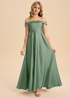 Azazie Sissy Junior Matcha A-Line Off the Shoulder Stretch Satin Dress image4