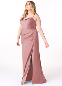 Azazie Marzia Bridesmaid Dresses Dusty Rose Sheath Cowl Pleated Stretch Satin Dress image9