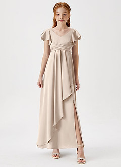 Azazie Omari Junior White Alabaster A-Line Pleated Stretch Satin Dress image4