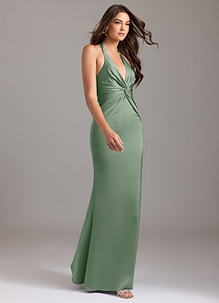 Azazie Valerie Vestidos de damas de honor Vestido de Matcha de Satén Elástico de Corte Sirena con Plisado image4