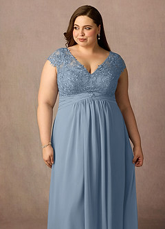 Azazie Irmeli Mère de la mariée Robes Robe Trapèze en Mousseline de soie Dentelle Bleu Poussiéreux image13