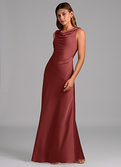 Azazie Nerine Bridesmaid Dresses Terracotta A-Line Pleated Stretch Satin Dress image4