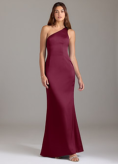 Azazie Arleth Robes de demoiselle d'honneur Robe Trapèze en Satin extensible Ue épaule Mûre image1