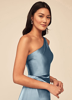 Azazie Maron Jurken voor bruidsmeisjes Jurk van Stretch Satijn met A-Lijn Een schouder Stoffig Blauw image5