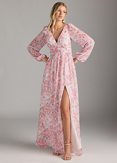 Azazie Norah Bridesmaid Dresses Abstract Watercolor Floral A-Line V-Neck Long Sleeve Chiffon Dress image5