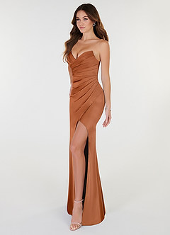Azazie Yola Bridesmaid Dresses Copper Sheath V-Neck Pleated Stretch Satin Convertible Dress image4