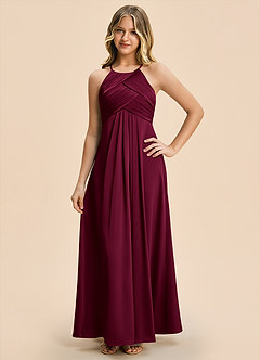 Azazie Ginny Junior Burgundy A-Line Pleated Stretch Satin Dress image1