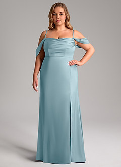 Azazie Saige Vestidos de damas de honor Vestido de Azul Malhumorado de Satén Elástico de Corte Recto con Vestidos sin tirantes image15