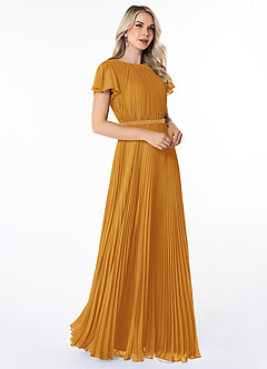 Azazie Kara At-home Try On Dresses A-Line Pleated Chiffon Floor-Length Dress image3