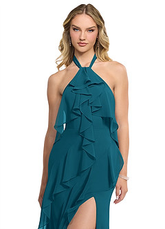 Azazie Velma Bridesmaid Dresses Ink Blue A-Line Side Slit Chiffon Dress image4