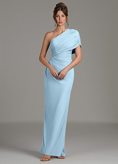 Azazie Essence Robes de demoiselle d'honneur Robe Fourreau en Jersey extensible de qualité supérieure Une épaule Bleu Ciel image5