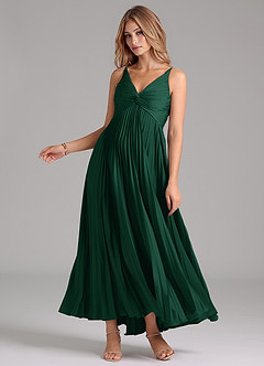 Azazie Raychelle Abiti da Damigella Abito A-Line in Raso Elasticizzato Plissettato Verde Scuro image3