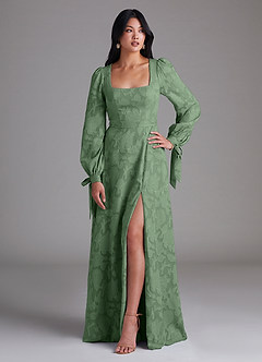 Azazie Leonia Bridesmaid Dresses Eucalyptus A-Line Long Sleeve Floral Burnout Dress image1