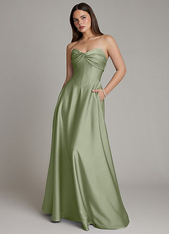 Azazie Meleena Bridesmaid Dresses Pistachio A-Line Strapless Stretch Satin Dress image1