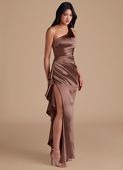 Azazie Latrice Bridesmaid Dresses Espresso Sheath One Shoulder Metallic Satin Dress image1